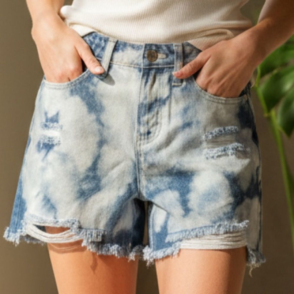 High-Rise Tie-Dye Cloud Wash Distressed Cutoff Denim Shorts bp Size 25